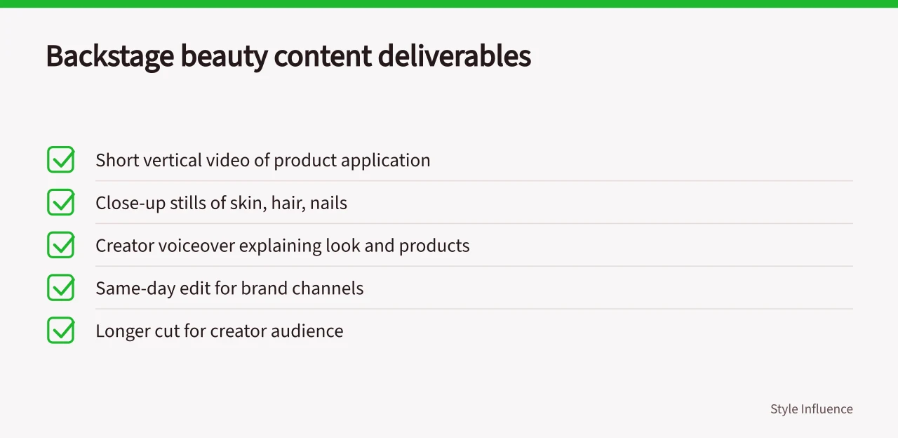 Checklist of backstage beauty content formats brands book (London Fashion Week and what it changes for beauty creator partnerships)
